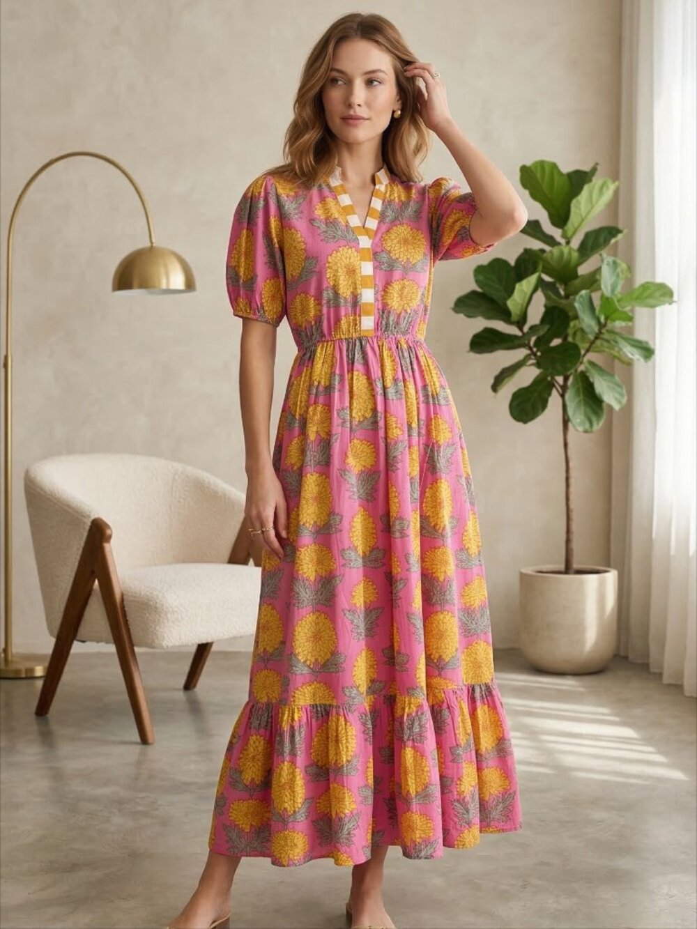 Floral Hand Block Print Kyra Midi Dress Bohemian Cotton Dress Mothers Day Gifts